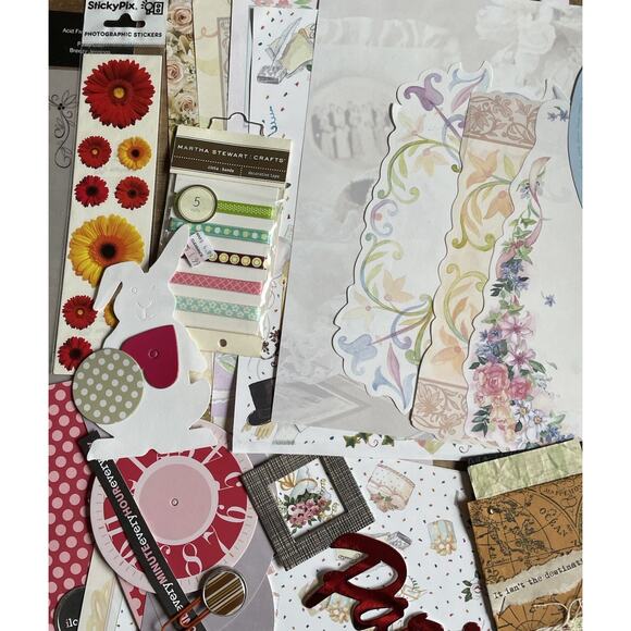 Lot 75 Journaling Scrapbooking Stickers Die Cuts Brads Eyelets Ribbon Flowers - Picture 3 of 9